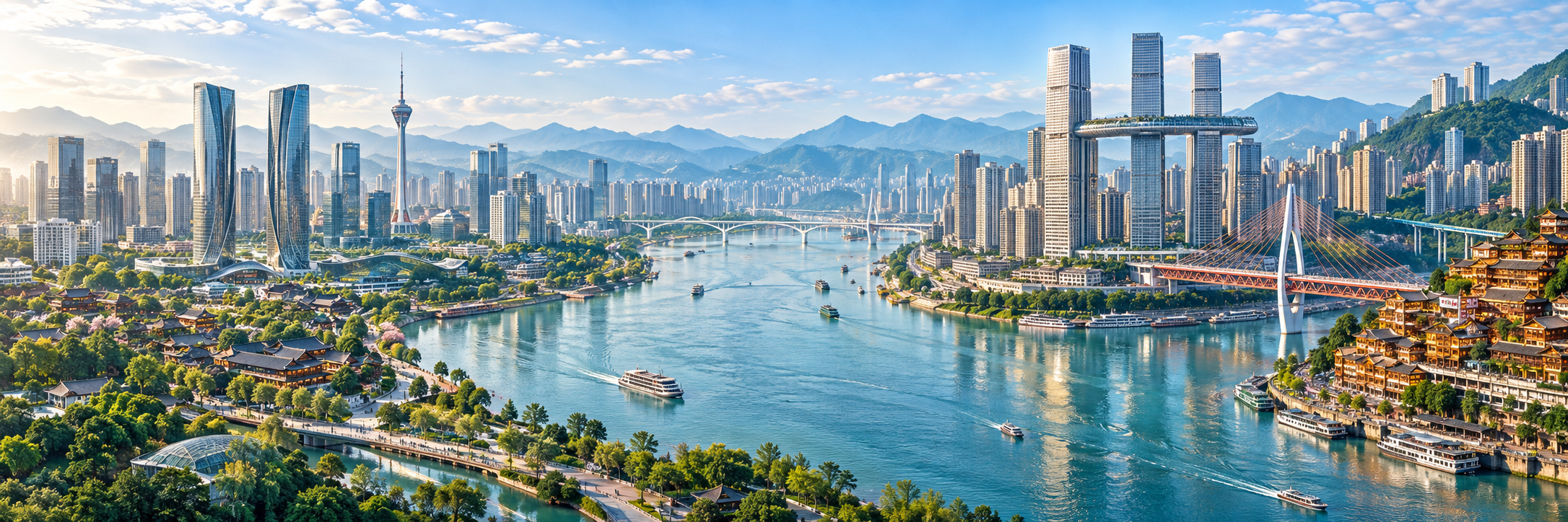 成渝全景，左侧成都，右侧重庆